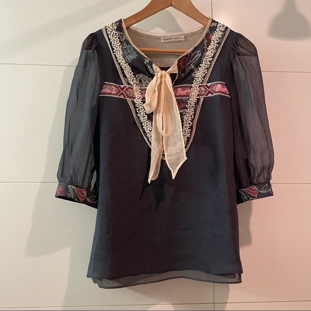Tsumori Chisato silk top with embroidery and beading, size M